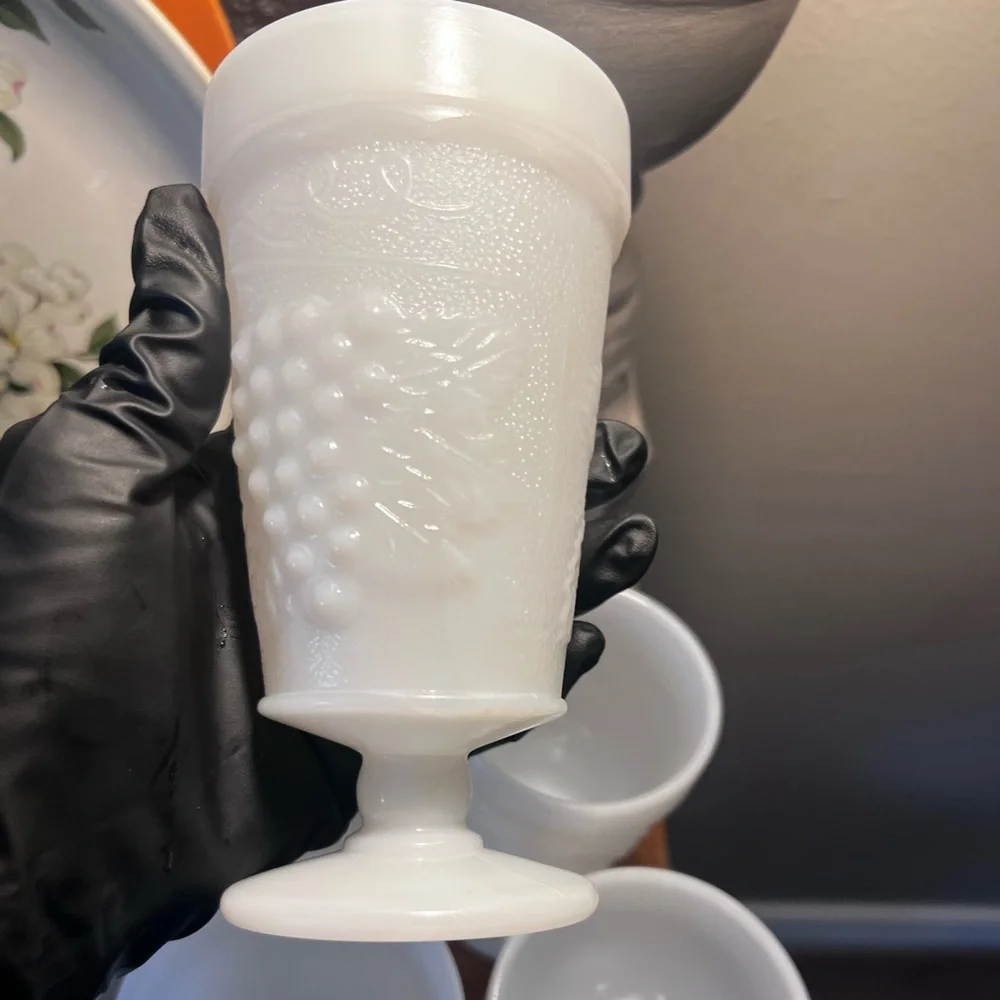 Elegant White Milk Glass Goblets Set 5 Plain Bottom